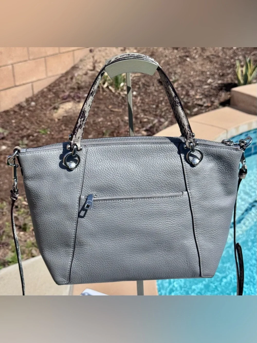 Coach Kacey Satchel grey pebble leather snake-embossed handle and strap EUC - Picture 12 of 17